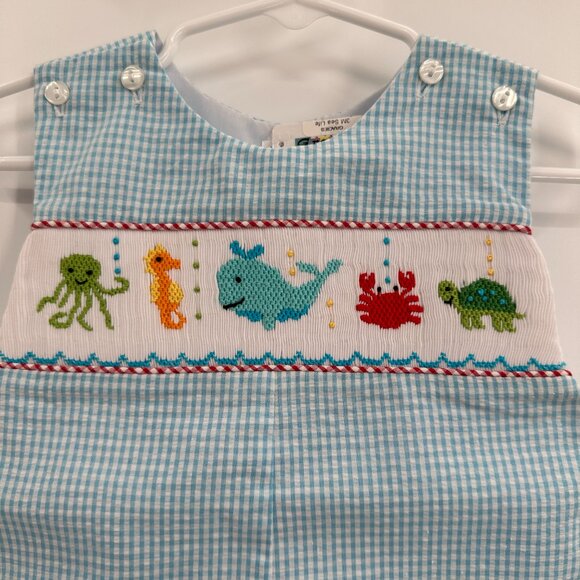 Lulu Bebe Cotton Smocked Pete Shortall Sea Animals sz 3 Months Baby Boy Jon Jon - Picture 2 of 6